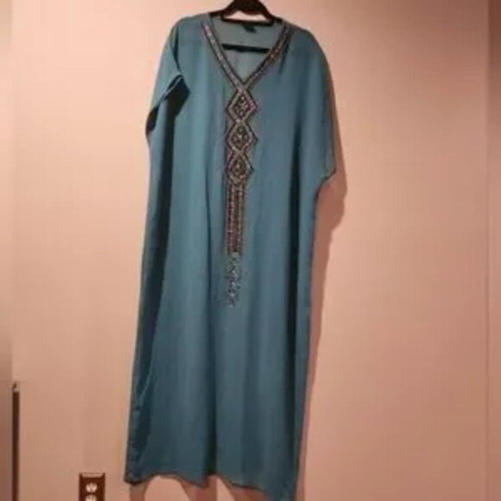 YUKA BEACH cover up beaded front neckline sleeveless aqua size Medium